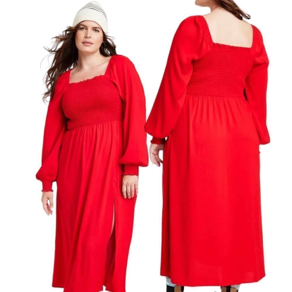 LA Ligne Smocked Bodice Midi Red Dress 4X Christmas Holiday Women's NWT - Picture 4 of 11